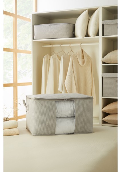 Ocean Home Te x tile Büyük Boy Pvc Pencereli Gri Balıksırtı Hurç 60 x 43 x 35 cm