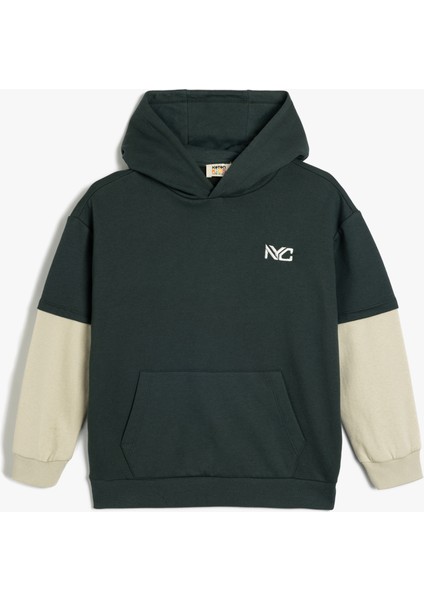 Kapşonlu Sweatshirt Baskı Detaylı Uzun Kollu Pamuklu