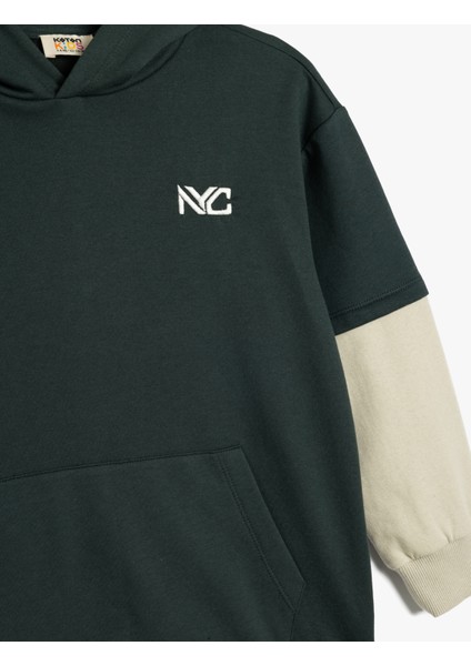 Kapşonlu Sweatshirt Baskı Detaylı Uzun Kollu Pamuklu