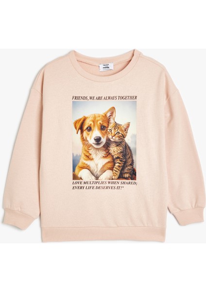 Sweatshirt Bisiklet Yaka Köpek Baskılı Uzun Kollu Pamuklu