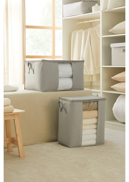 Ocean Home Te x tile 2'li Pvc Pencereli Gri Balıksırtı Hurç Set 1 Adet 45 x 30 x 50 / 1 Adet 60 x 43 x 35 cm