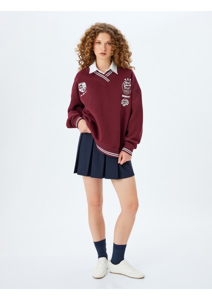 V Yaka Kolej Baskılı Biyeli Şardonlu Oversize Sweatshirt fiyatları