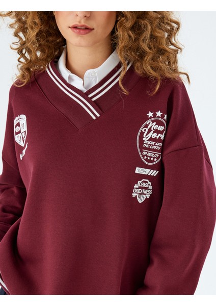 V Yaka Kolej Baskılı Biyeli Şardonlu Oversize Sweatshirt indirimleri