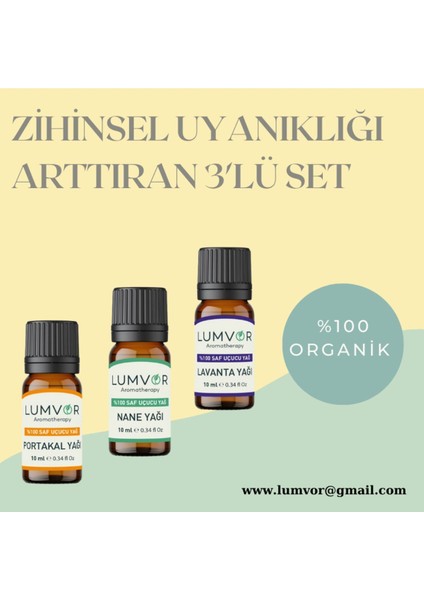 Zihinsel Uyanıklık Uçucu Yağı 3'lü Set 30 ml %100 Saf Ve Doğal (ESSENTİAL OİL) Aromaterapi