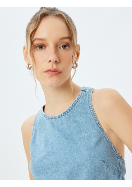 Crop Kolsuz Sırt Detaylı Bisiklet Yaka Denim Atlet