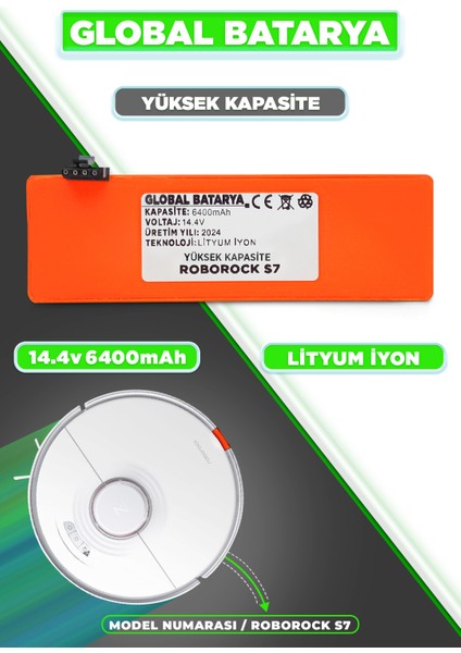 Global Batarya Roborock S7 Uyumlu Akıllı Robot Süpürge Bataryası 14.4v 6400mAh Li-ion Pil (Yüksek Kapasite)