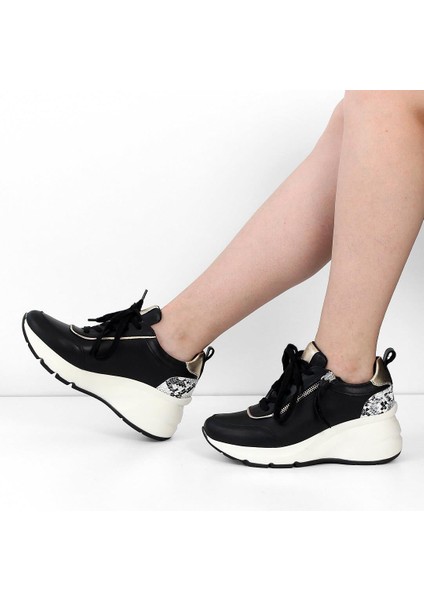 Kadın Siyah Bağcıklı Fermuarlı Deri Sneaker