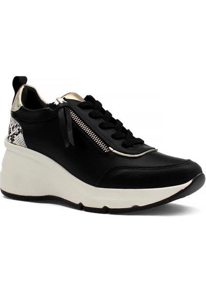 Kadın Siyah Bağcıklı Fermuarlı Deri Sneaker