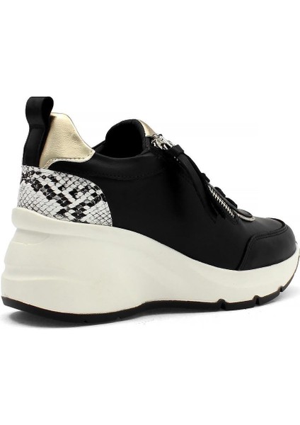 Kadın Siyah Bağcıklı Fermuarlı Deri Sneaker