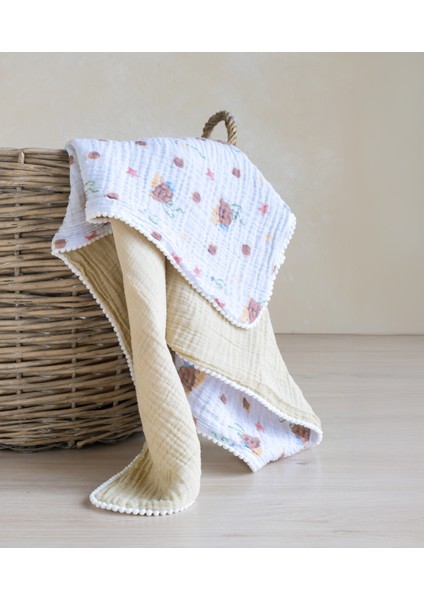 Müslin Bebek Battaniyesi Çift Taraflı Kullanım Uyuyan Kaplumbağa Desen 100X100 cm