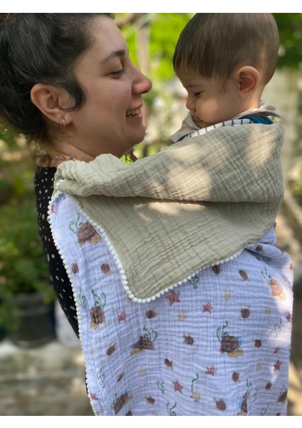 Müslin Bebek Battaniyesi Çift Taraflı Kullanım Uyuyan Kaplumbağa Desen 100X100 cm