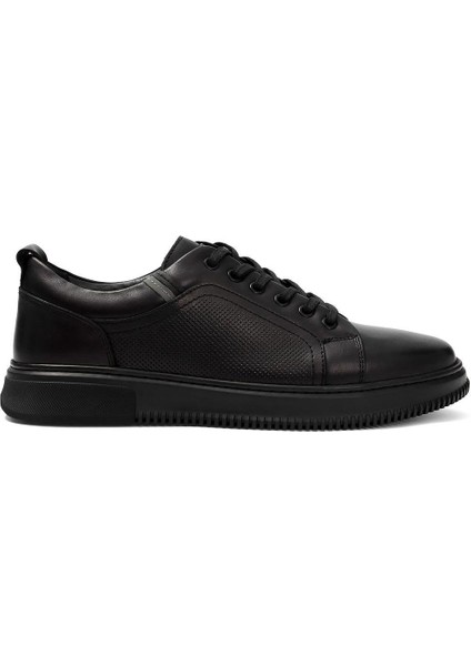 Erkek Siyah Bağcıklı Baskılı Deri Sneaker