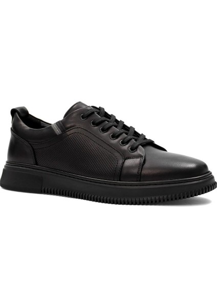 Erkek Siyah Bağcıklı Baskılı Deri Sneaker