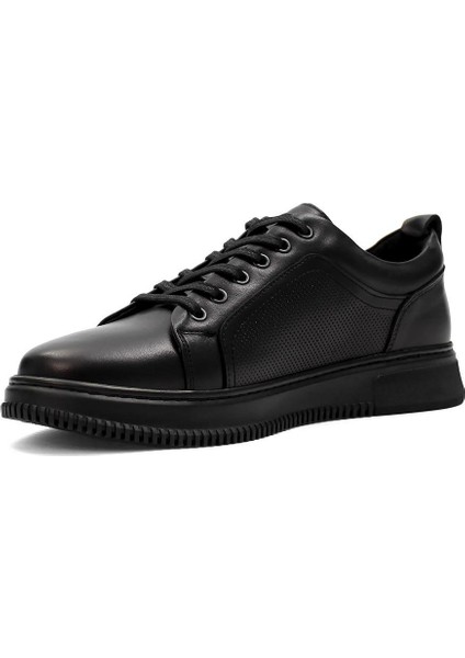 Erkek Siyah Bağcıklı Baskılı Deri Sneaker