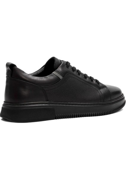 Erkek Siyah Bağcıklı Baskılı Deri Sneaker