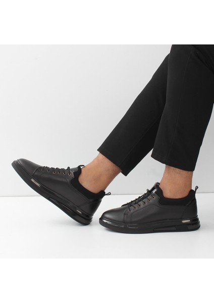 Erkek Siyah Bağcıklı Kalın Tabanlı Deri Sneaker