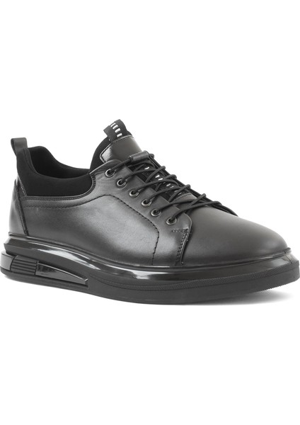 Erkek Siyah Bağcıklı Kalın Tabanlı Deri Sneaker