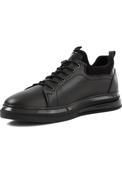 Erkek Siyah Bağcıklı Kalın Tabanlı Deri Sneaker