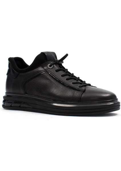 Erkek Siyah Bağcıklı Kalın Tabanlı Deri Sneaker