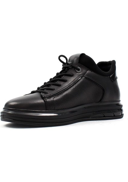 Erkek Siyah Bağcıklı Kalın Tabanlı Deri Sneaker