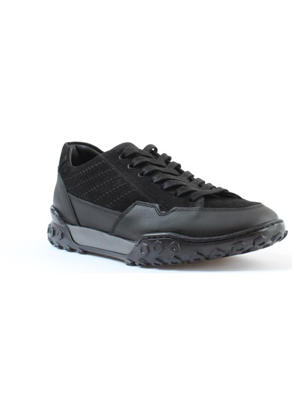 Erkek Siyah Bağcıklı Kalın Tabanlı Nubuk Deri Sneaker