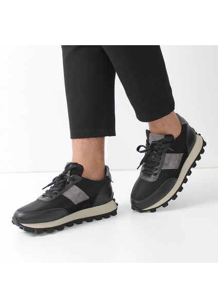 Erkek Siyah Bağcıklı Kalın Tabanlı Süet Deri Sneaker