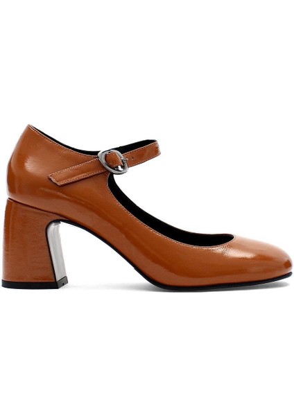 Kadın Taba Kalın Topuklu Rugan Deri Klasik Ayakkabı