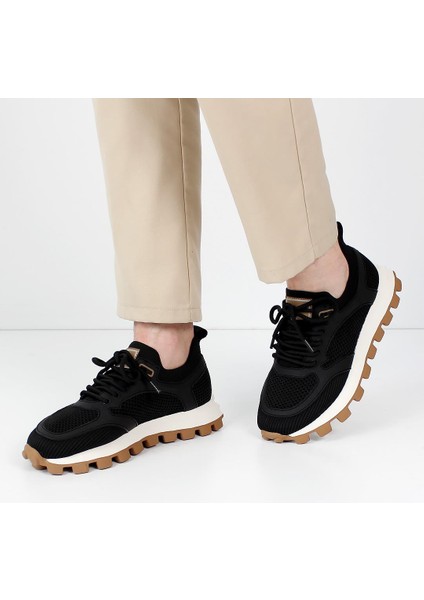 Erkek Siyah Bağcıklı Kalın Tabanlı Deri Sneaker