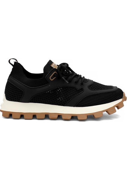 Erkek Siyah Bağcıklı Kalın Tabanlı Deri Sneaker