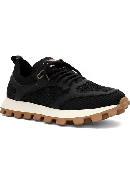 Erkek Siyah Bağcıklı Kalın Tabanlı Deri Sneaker