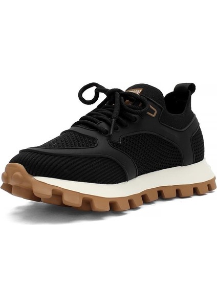 Erkek Siyah Bağcıklı Kalın Tabanlı Deri Sneaker