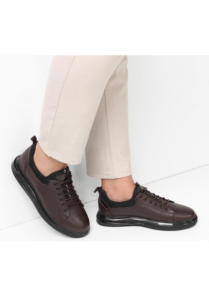 Erkek Kahverengi Bağcıklı Kalın Tabanlı Deri Sneaker