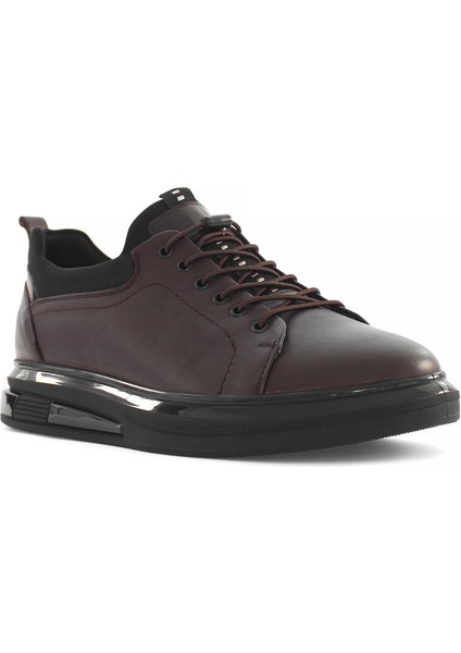 Erkek Kahverengi Bağcıklı Kalın Tabanlı Deri Sneaker