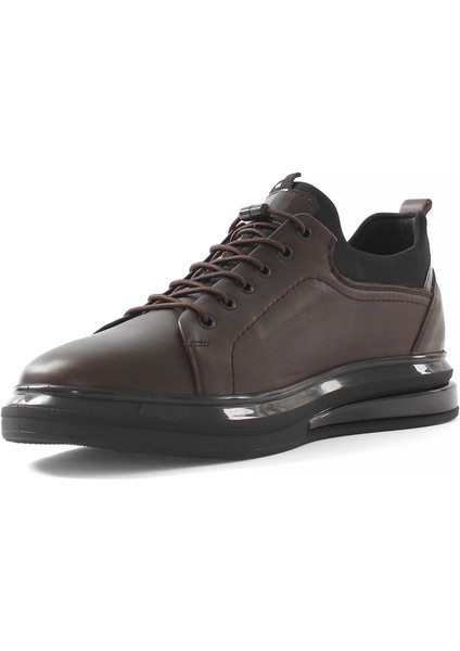 Erkek Kahverengi Bağcıklı Kalın Tabanlı Deri Sneaker
