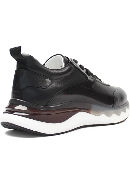 Erkek Siyah Bağcıklı Kalın Tabanlı Deri Sneaker
