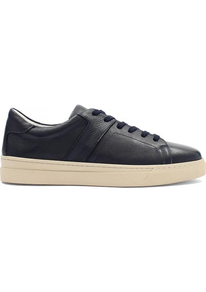 Erkek Lacivert Bağcıklı Kalın Tabanlı Deri Sneaker