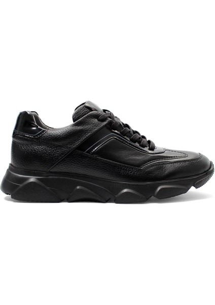 Erkek Siyah Bağcıklı Kalın Tabanlı Deri Sneaker