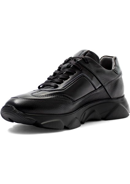 Erkek Siyah Bağcıklı Kalın Tabanlı Deri Sneaker