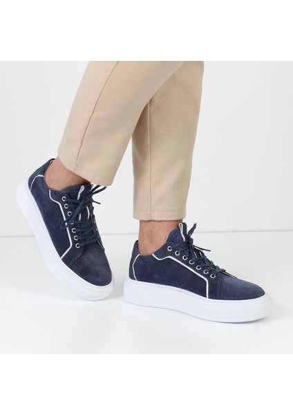 Erkek Mavi Bağcıklı Kalın Tabanlı Süet Deri Sneaker