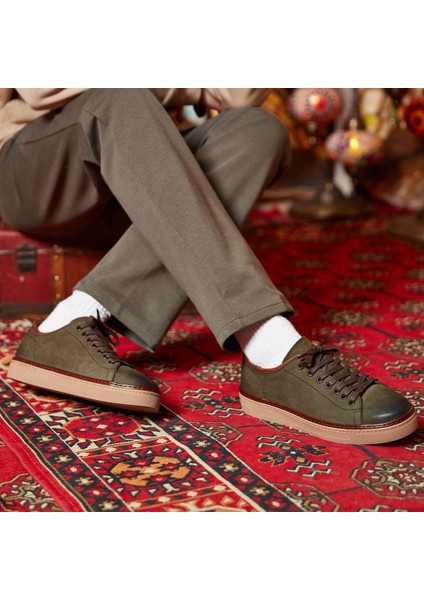 Erkek Haki Bağcıklı Kalın Tabanlı Nubuk Deri Sneaker