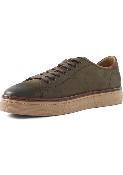 Erkek Haki Bağcıklı Kalın Tabanlı Nubuk Deri Sneaker