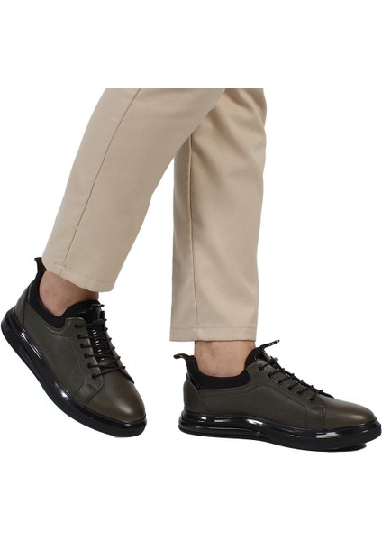 Erkek Haki Bağcıklı Kalın Tabanlı Deri Sneaker
