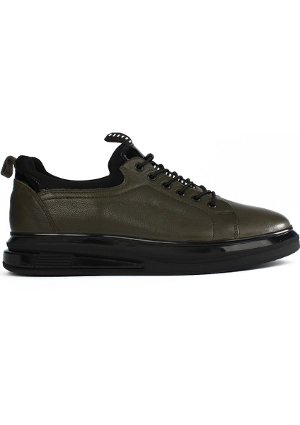 Erkek Haki Bağcıklı Kalın Tabanlı Deri Sneaker