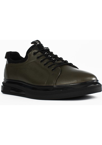 Erkek Haki Bağcıklı Kalın Tabanlı Deri Sneaker