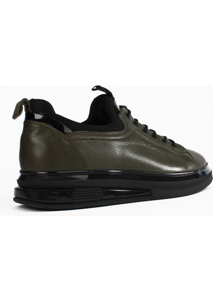 Erkek Haki Bağcıklı Kalın Tabanlı Deri Sneaker