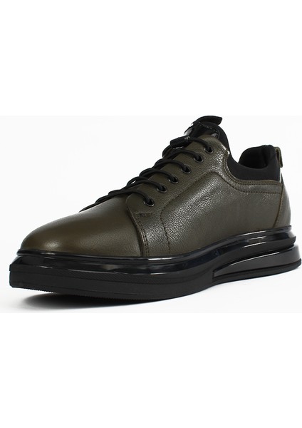 Erkek Haki Bağcıklı Kalın Tabanlı Deri Sneaker
