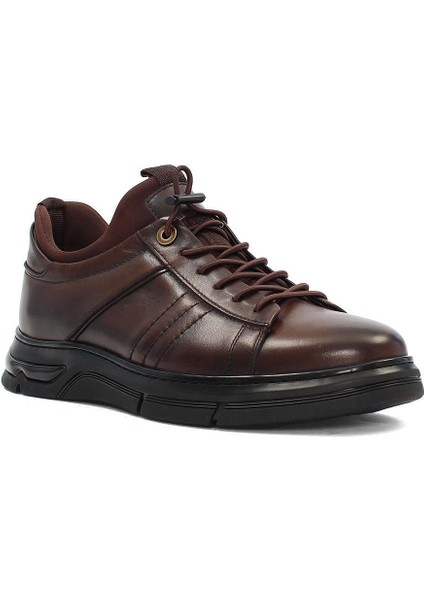 Erkek Kahverengi Bağcıklı Kalın Tabanlı Deri Sneaker