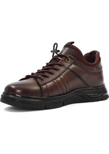 Erkek Kahverengi Bağcıklı Kalın Tabanlı Deri Sneaker