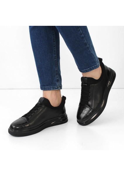 Erkek Siyah Kalın Tabanlı Kroko Deri Sneaker
