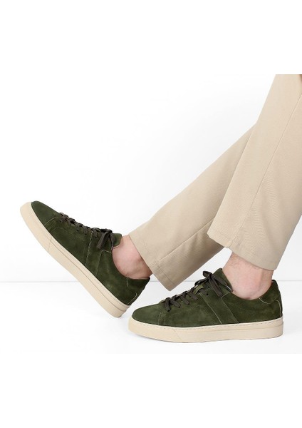 Erkek Haki Bağcıklı Kalın Tabanlı Süet Deri Sneaker